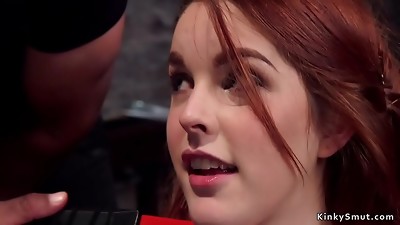 Bound culo redhead nailed in threesome