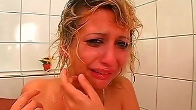 blonde restroom slave is piss humiliated until she cries. head in restroom