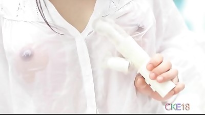 Japanese babe Yui seductively licking and taunting herself with vibe