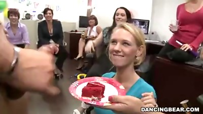 Male stripper cums on her slice of cake