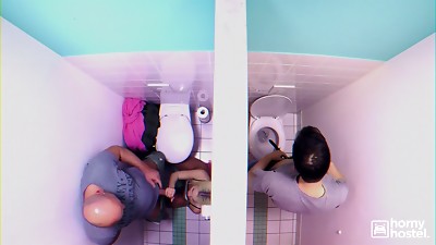 Lovita Fate masturbates and sucks a manhood in the public restroom