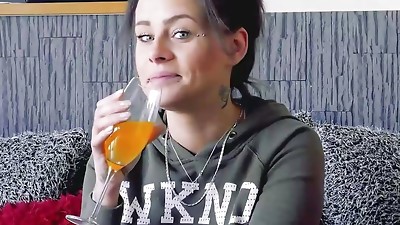 A inked German slut enjoys throating a loaded knob